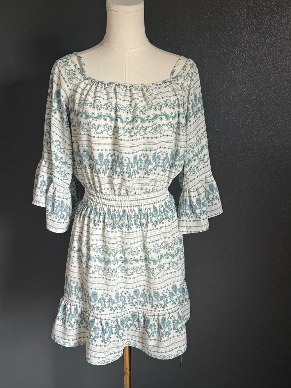 H&M Divided White Mini Dress with Sage Blue Green Paisley Floral Print